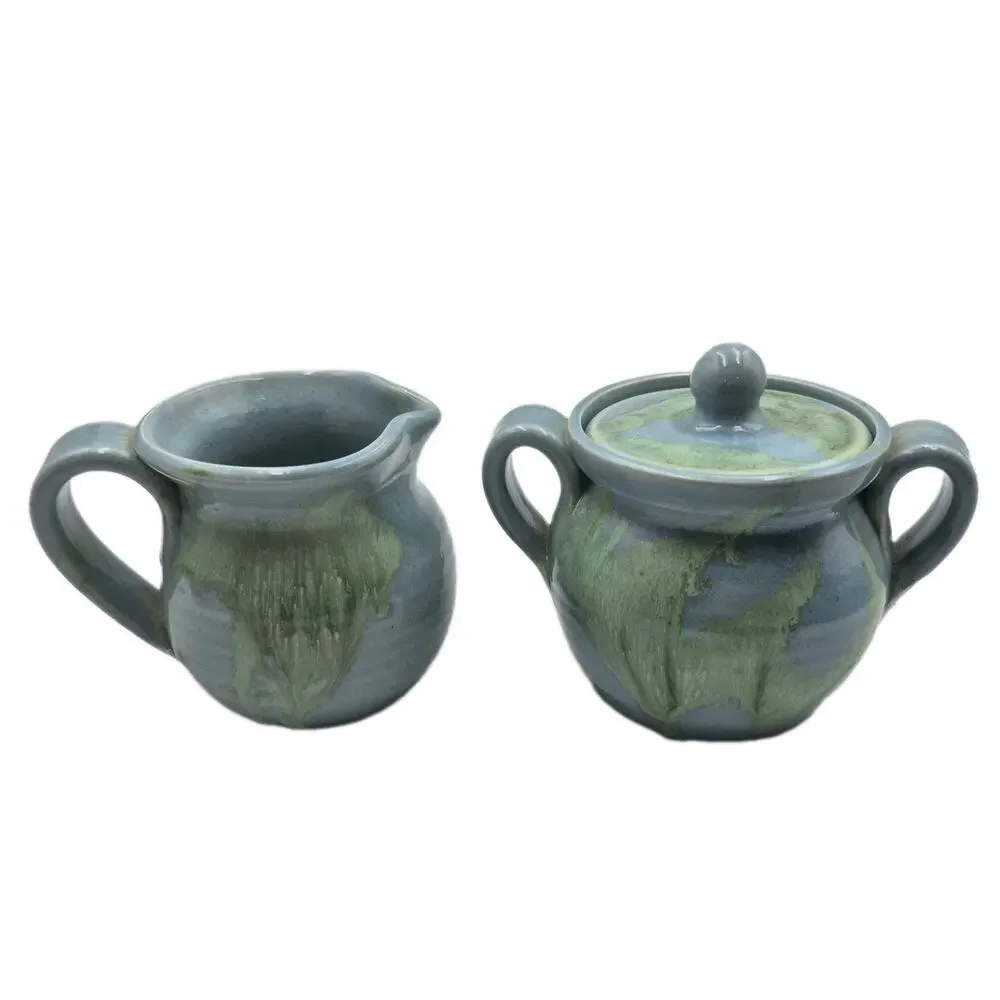 Signed Pottery Blue/Green Creamer Sugar 3.5